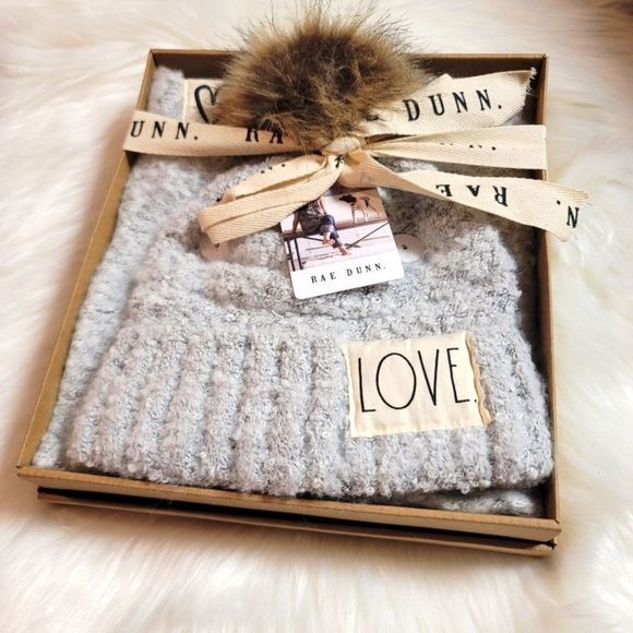 Rae Dunn gift set hat and scarf LOVE Grey white with brown pom pom